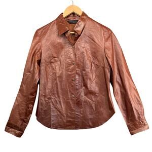 Express Vintage 90s Brown Genuine Leather Snap Button Shirt Jacket Women 9/10